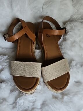 Women’s Tan Espadrille Wedge Sandals with Beige Fabric Toe Strap